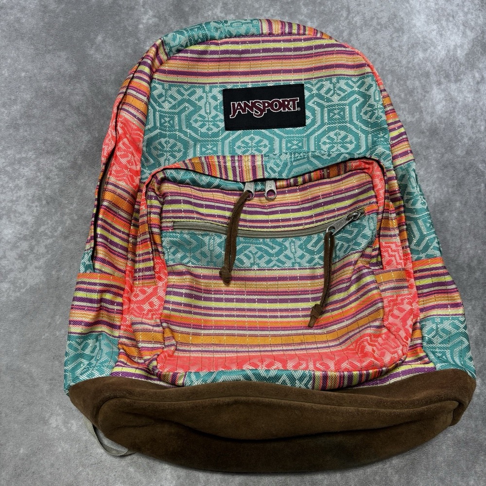JanSport Right Pack World  Backpack Teal/Pink/Coral Suede Bottom  BOHO EUC